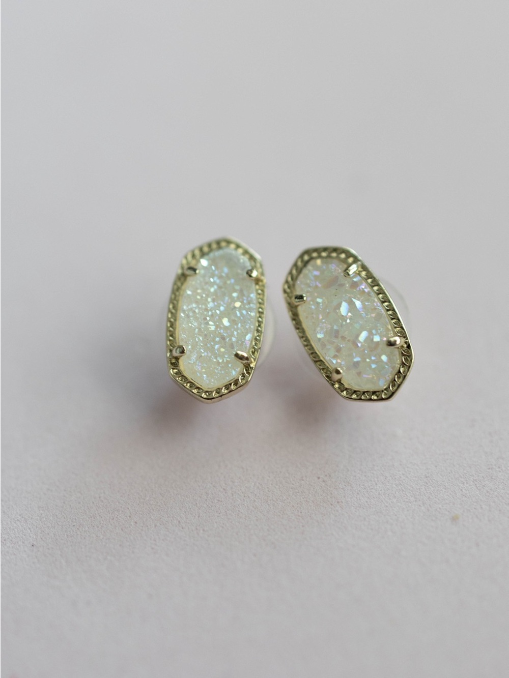Kendra Scott White Iridescent Druzy Oval Stud Earrings with Gold Trim